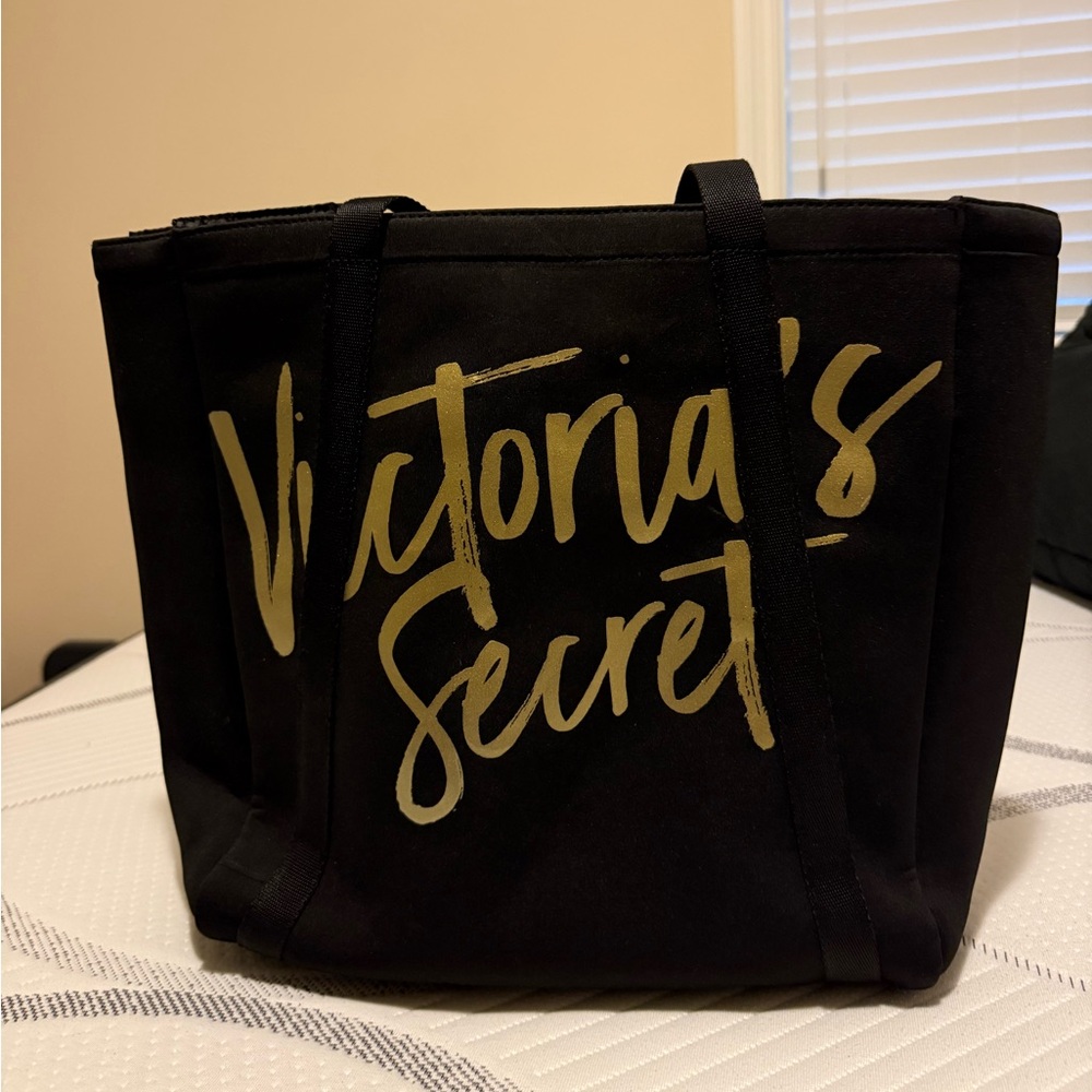 Victoria's Secret Black and Gold Tote Bag with Wine Insulators
